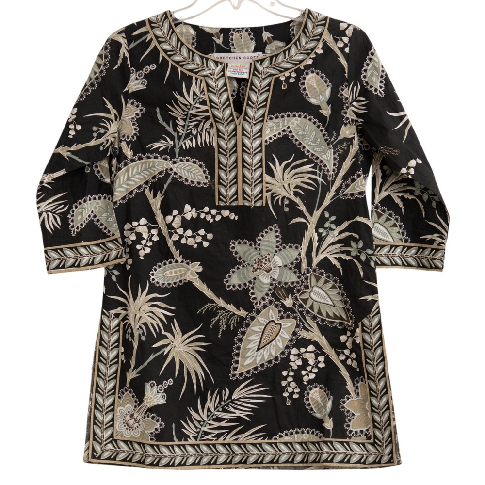 Gretchen Scott Tunic Top NEW Black Floral Botanical XS Dark Bohemian Chic Airy